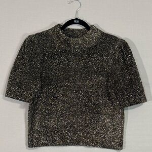Kate Spade Metallic Texture Sweater Black Gold Short Sleeve Top NWT M
